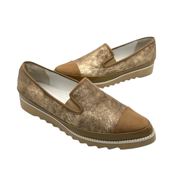 Donald J. Pliner Beliz Tan & Metallic Gold Leather Suede Pointed Toe Loafers - Picture 1 of 12